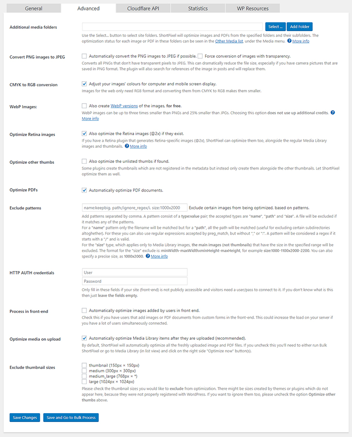 ShortPixel settings page advanced tab config screen